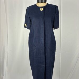Navy Midi Vintage Shift Dress with Decorative Gold-Tone Buttons